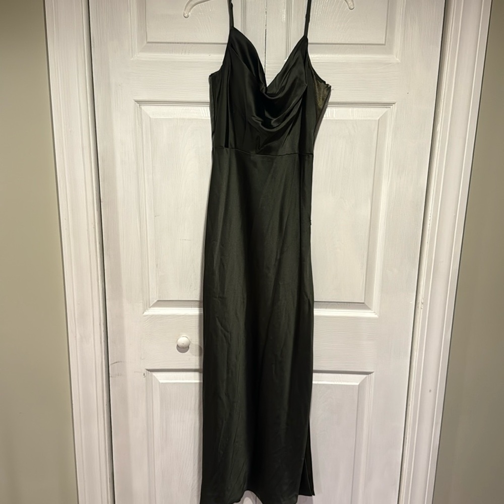 Revelry Nadia satin bridesmaid dress deep olive